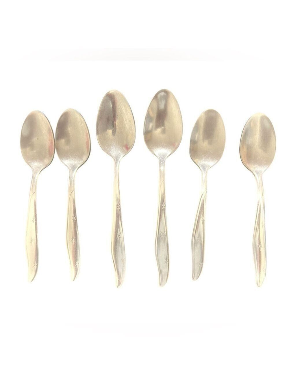 Six TRIPLE ATOMIC STAR Marcrest Vintage Spoons 1950’s 2 Serving Soup 4 Dinner